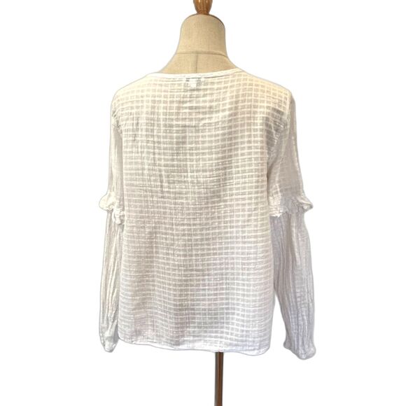 Splendid White Windowpane Blouse Peasant Medium Tie Front Keyhole Boho - Picture 2 of 7